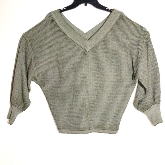 Seven7 Women's Oversized Drop-Shoulder Waffle Cotton  Top Heathered Grey-Olive - Picture 3 of 10